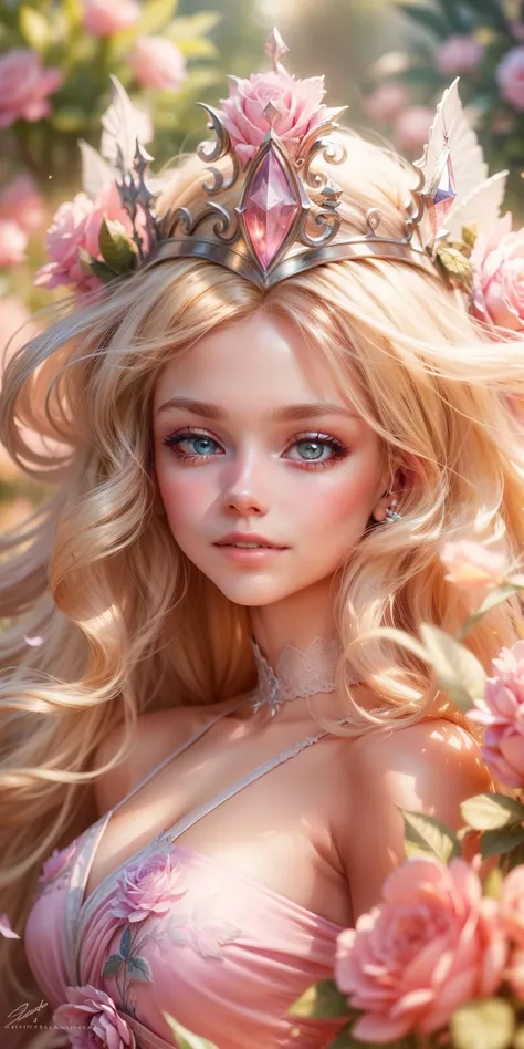 Barbie in a cute pink dress,delicated face，Blonde hair fluttered in the wind､Princess dress，The princess has a beautiful crown､kindly smile､Beautiful garden background､Gentle and transparent，Delicate pattern，Pink rose space, Soft lighting, ( Bokeh)，Masterp...