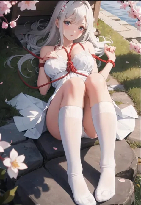 White knee-length socks，white camisole，no  skirt，female pervert，Be red in the face，Lie down in bed，By bangs，Long hair is all white，Superior hair，Cute and cute，Long legs，hyper-high detail，with a round face，White pleated skirt，Cherry blossoms are flying，Wet ...