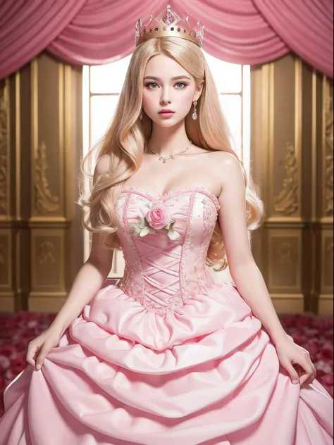 barbie princess in cute pink dress, wearing a beautiful crown, interior photography of a monumental maze, inflatable pink roses,...