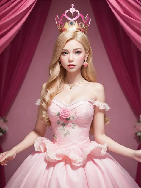 Barbie princess in cute pink dress, Wearing a beautiful crown, Interior photography of a monumental maze, Inflatable pink roses, Art installations by Martin Creed, ((Full body shot)), Pink background, Delicate face, White skin, Delicate facial features, Pe...