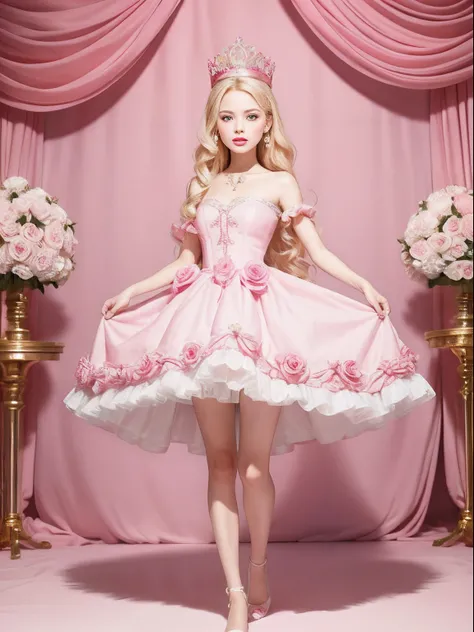 Barbie princess in cute pink dress, Wearing a beautiful crown, Interior photography of a monumental maze, Inflatable pink roses, Art installations by Martin Creed, ((Full body shot)), Pink background, Delicate face, White skin, Delicate facial features, Pe...