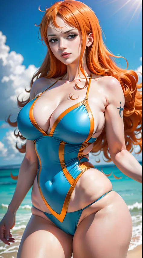 hiper real）(nami fazer anime one piece), Corpo da mulher definir seios grandes, rosto severo, pernas grossas, lingerie  peitis gigantes e bunda gigante , medium orange hair with waves，meias brancas，Um cabelo laranjas.