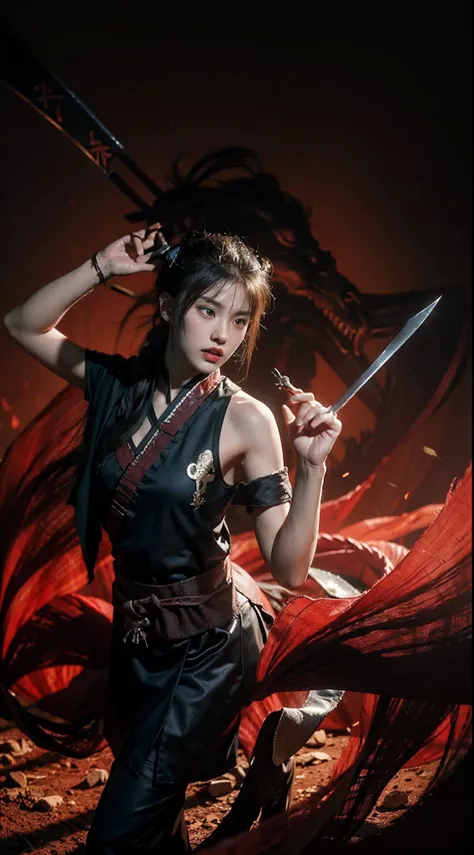 (In the dark: 1), (Best quality), (Realisticity: 1), Movie poster, realistic skin texture, highly detailed, 8k wallpaper, volumetric lighting, dynamic lighting, a girl, long black ponytail hair, black robe, red belt, small amount of armor, shoulder armor, ...