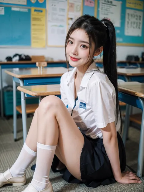 (tmasterpiece, Top image quality, A high resolution、独奏、small tits，Japanese high school uniform、High school students，High-Ponytail hairstyle、no-bra、full body Esbian、Girl sitting on the ground，student uniform，student clothes，white stockings，White tall stocki...