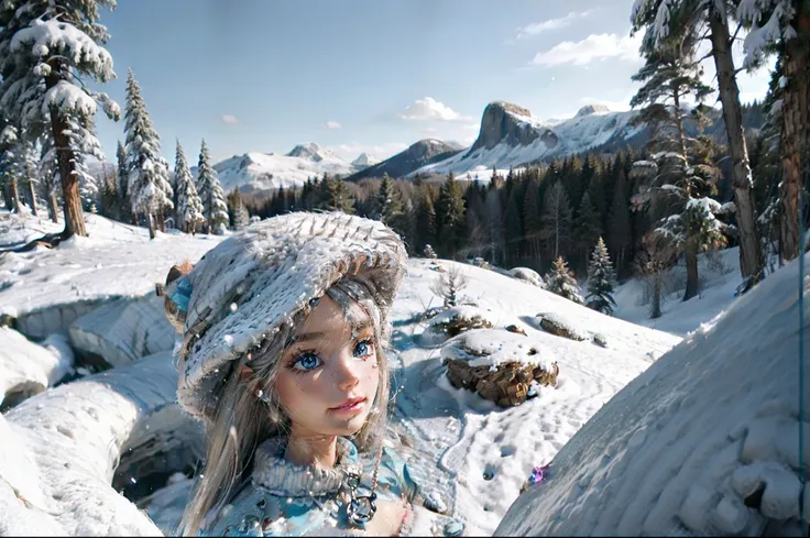 Barbie climbieng on a montain, dressed with winter cloths, rocks, pines, some other trees, snow, lake and valley in the distance, highly detailed, blue sky and clouds, illuminated by morning light, Great angular, deep depht of field.