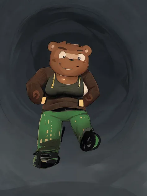 Drawing of a tanuki in a green tracksuit and blue pants, he is wearing a brown sweater,  Kinoshita-jirohs style,  Portrait of an anthropomorphic tanuki，There are red star-shaped birthmarks on the face，slightly fat big breasts，ssmile，Lift the left leg light...