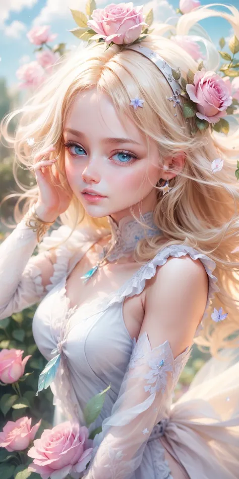 Beautiful transparent Barbie princess, Transparent colorful petals, delicated face，Blonde hair fluttered in the wind､Starry Blonde，Blonde hair，Beautiful blue sky and white clouds、Girls have transparent wings､kindly smile､Beautiful garden background､Gentle ...