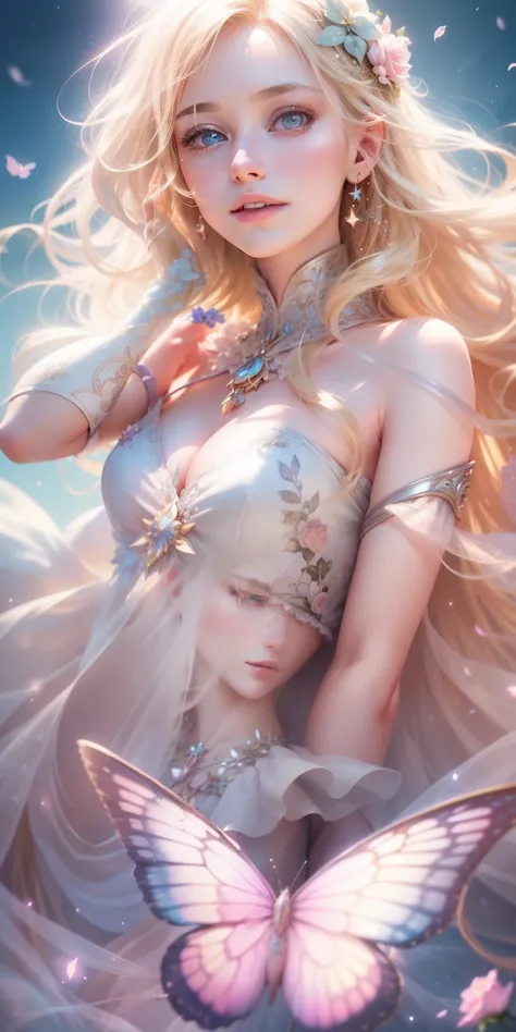 Beautiful transparent Barbie princess, Transparent colorful petals, delicated face，Blonde hair fluttered in the wind､Starry blonde hair，Blonde hair，Beautiful blue sky and white clouds、Girls have transparent wings､kindly smile､Beautiful garden background､Ge...