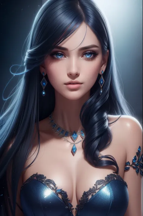 ultra detailed beautiful woman, 25 years-old woman, stunningly beautiful, dark blue hair, dark blue dress, dark blue eyes, her whole head is visible with hair, dark blue jewel necklace, earrings, dark blue eyeshadow visible on her eyelids and eyeliner on h...