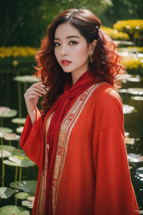 32K（tmasterpiece，k hd，hyper HD，32K）Large flowing curls，Flowing rouge，ponds，zydink， a color，  Asian people （Silly girl）， （Silk scarf）， Combat posture， looking at the ground， Large rolls of rouge， Flowing rouge curls， Crocodile skin skull headdress， Green Ch...