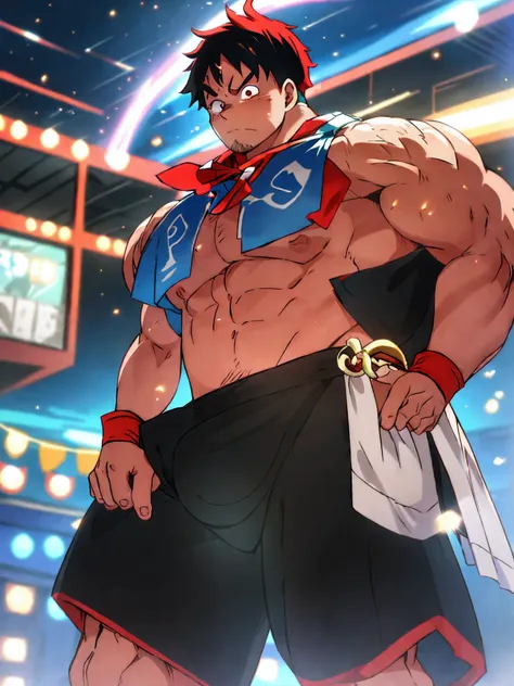 Personagem de anime parado num solo rochoso, straw hat and red open shirt, , uscular body, imposing body,Imposing appearance, muscular arms, muscular legs, only body, trapezoid torso, sturdy body, muscular body, defined round and fleshy pecs, defined washb...