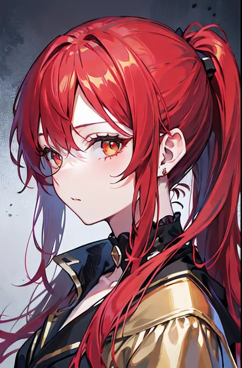 shoulder hair, ponytail, no bangs, red hair, golden eyes, high-school girl, royal, portrait, bad girl