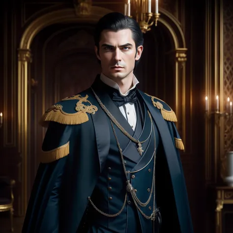 Male vampire 30s Medieval aristocrat Black hair blue eyes、Allback、Straight hair、British Face、Wistful expression、real picture、Beautiful aristocrats、gentleman、soio、Dark blue tailcoat、No beard、Light blue eyes、The background is a luxurious room in the castle、U...