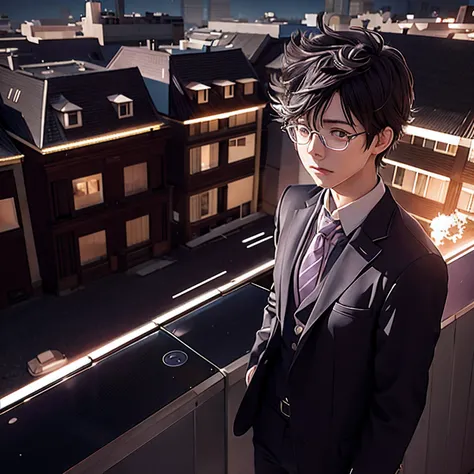 Theres a man in a suit and tie standing on a balcony, Estilo anime misturado com Fujifilm, wearing a suit and glasses, pose de anime bonito, inspirado em Okumura Togyu, cosplay profissional, inspirado em Iwao Takamoto, anime. soft lighting, inspirado em Ok...