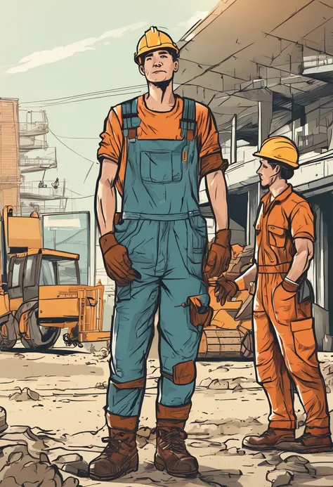 ​masterpiece, top-quality, ultra-detailliert, illustratio, gay, Construction site workers,Carrying a hammer with one hand,male people,Niō Standing,Workwear,gloves,work shoes、Adolescent Men、Cute smile