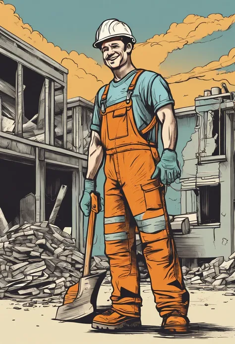 ​masterpiece, top-quality, ultra-detailliert, illustratio, gay, Construction site workers,Carrying a hammer with one hand,male people,Niō Standing,Workwear,gloves,work shoes、Adolescent Men、Cute smile