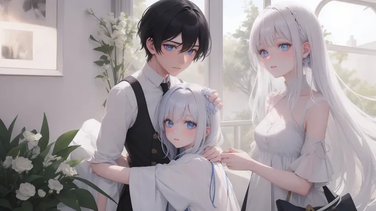 The white-haired, blue-eyed, young girl in a white shirt hugged the boy with black hair and blue-eyed eyes，Embrace the ultimate in light and shadow，k hd，and the sun was shining brightly，is shy，White skin