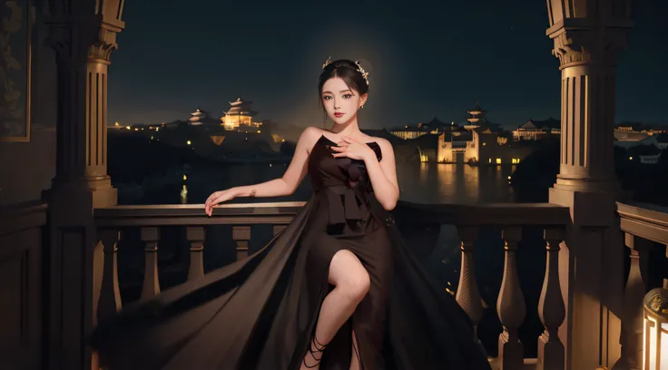 Woman in black dress posing on balcony，City lights in the background, Palace ， A girl in Hanfu, full-body xianxia, Chinese girl, China Princess, royal elegant pose, stunning elegant pose, Chinese woman, Inspired by Qiu Ying, queen of the sea mu yanling, fa...