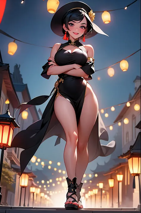 masterpiece,1girl,solo,black hair,underboob, hat, light_smile, ofuda, china dress, crossed arms, full body, outdoors, hanging lantern, night, higashi setsuna,