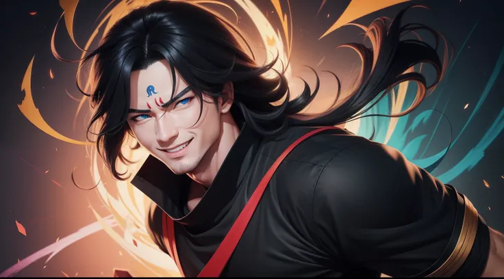 "Cheerful Madara is a true masterpiece with masculine beauty, perfect anatomy. Olpntng style, colorful rainbow, storybook ninja costumes, clean design, epic Instagram, artstation, full of color paint streaks, wlop, outline. When you look at his beautiful e...