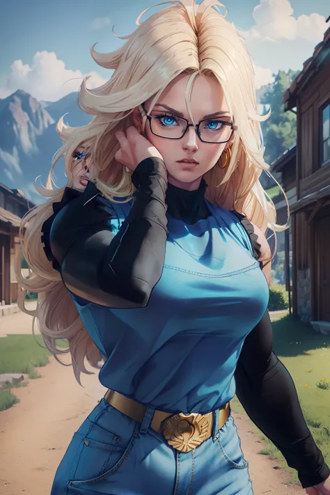 (masterpiece), (high quality), woman in her 20s, android_18, (perfect face), defined jawline, beautiful lips, (Long wavy blonde hair), (beautiful bright blue eyes), (black prescription glasses) (perfect anatomy), athletic body, (sexy, muscular), (perfect h...