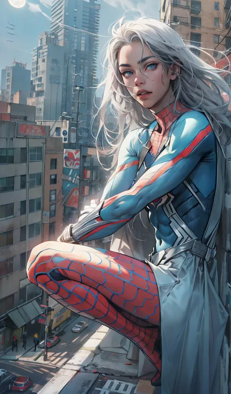 (​masterpiece、4K resolution、A hyper-realistic、ighly detailed)、(White Superhero Theme、Charisma、Theres a girl in a Spider-Man costume over town、Shes a superhero)、 [((30-years old)、(Long grey hair:1.2)、full body Esbian、(blue eyess:1.2)、((Spider-Man pose)、show...