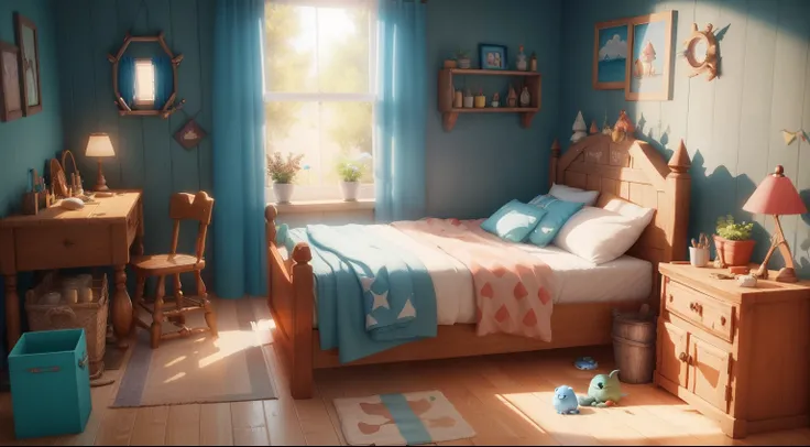 (Pixar style: 1.2), Cute, 3D artwork, bedroom, tavern, inn, video game, a ray of light, blender, OC renderer, dribble high detail 8k, studio lighting --v 6