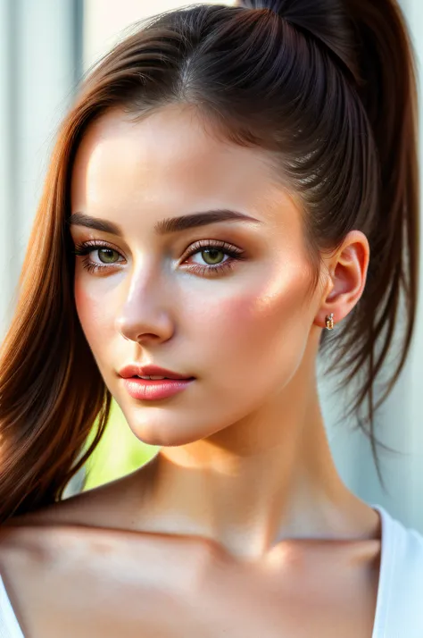 color photograph, close-up, ((a realistic photo of a beautiful girl)), (milalc), light, ((glowy skin)), looking_at_viewer, (fit body:1.0), ((medium breasts)), high ponytail, detailed illustration, masterpiece, high quality, realistic, very detailed face,