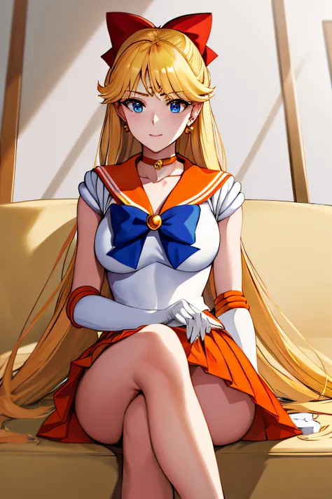 masterpiece, best quality, highres, venus1, 1girl, solo, sailor senshi uniform, sailor venus, aino minako, blonde hair, magical girl, blue eyes, orange skirt, elbow gloves, tiara, pleated skirt, hair bow, orange sailor collar, miniskirt, choker, red bow, o...