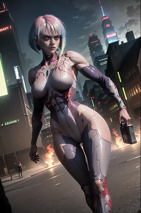 masterpiece, best quality,  solo, 1girl, female titan, lu1, scar, blood, giant, giantess, muscular, cyborg, multicolored hair, m...