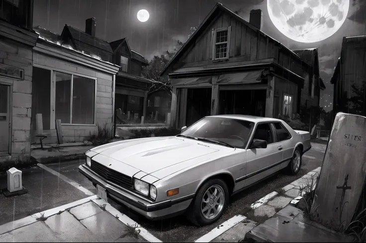 black and white masterpiece, best quality, vehicle flying under houses, rain, night, full moon, death, cemetery, zombies