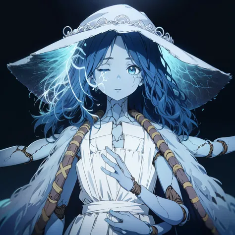 Ranni, 1girl, wavy hair, blue skin, cracked skin, ((extra arms)), extra faces, doll, joints, doll joints, white dress, hat, cloak, extra arms, blue hair, wavy hair, blue eyes, perfect anatomy, solo