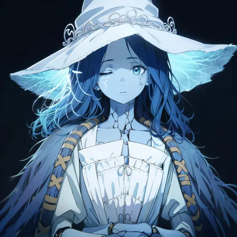 Ranni, 1girl, wavy hair, blue skin, cracked skin, ((extra arms)), extra faces, doll, joints, doll joints, white dress, hat, cloak, extra arms, blue hair, wavy hair, blue eyes, perfect anatomy, solo