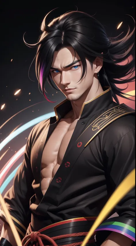 "Cheerful Madara 20 years old is a real masterpiece with masculine beauty, perfect anatomy. Olpntng style, colorful rainbow, black samurai outfit, clean design, epic Instagram, artstation, full streaks of colored paint, circles, outlines. When you look at ...