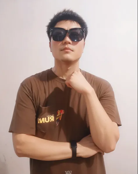 There was a young Chinese man wearing sunglasses and a brown shirt, with sunglass, Wearing sunglasses, With sunglasses, wearing big black circle glasses, Wearing cool sunglasses, looking heckin cool and stylish, with a cool pose, wearing glack glasses, wit...