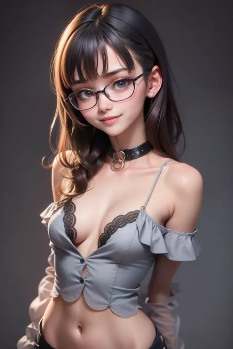 1 cute girl (18yo) glasses, upper body, slim waist, small breast, sexy pose, naugthy face, bangs, random hairstyle, cleavage, navel, collar, collarbone, off shoulder, seductive smile, wear intricately detail hot and sexy outfit, diver. flat gray color for ...