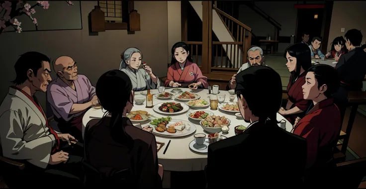 Anime scene, wide shot zoom out, japanese yakuza family, dark restaurant, middle age women in the middle, old grandmother on the left, dining in tradional japanese restaurant, traditional clothing japanese, court attire, middle age people, japanese dynasty...