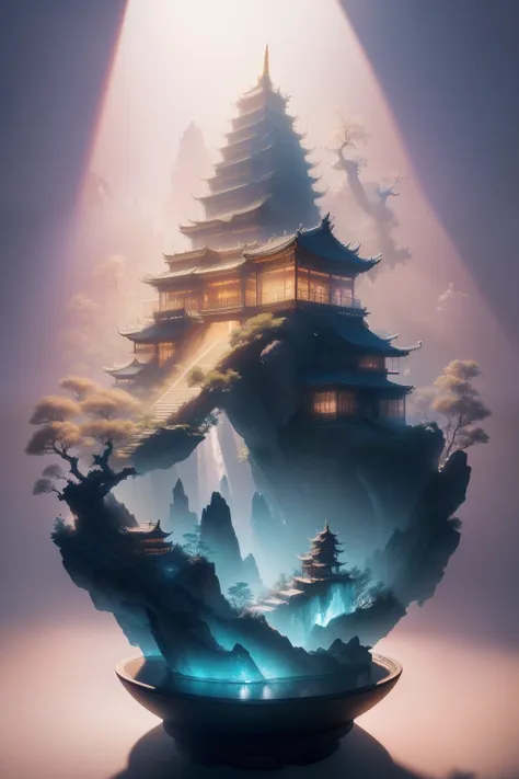 best quality, realistic, photorealistic, ultra detailed, Miniature landscape，Chinese architecture，Immortal Mansion， ceramics, Ultra wide angle,Accent Lighting,Volumetric Lighting,backlighting, (detailed light),((an extremely delicate and beautiful)),dramat...