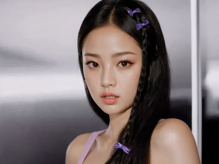 alafed asian woman，cabelos preto e longos，Wears a purple bow in his hair, blackpink jennie, jossi of blackpink, braid hairstyle, portrait of jossi of blackpink, with black pigtails, Twin tail hairstyle, park jimin, two pigtails hairstyle, jisoo of blackpin...