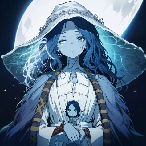 Ranni, 1girl, wavy hair, blue skin, cracked skin, ((extra arms)), extra faces, doll, joints, doll joints, white dress, hat, cloak, extra arms, blue hair, wavy hair, blue eyes, perfect anatomy, solo