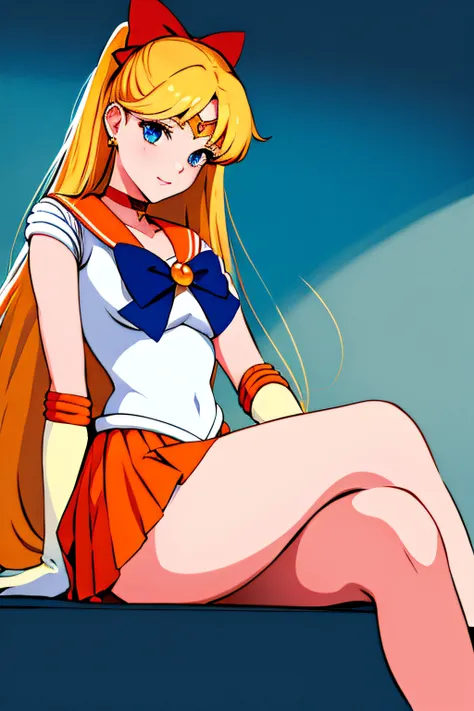 masterpiece, best quality, highres, venus1, 1girl, solo, sailor senshi uniform, sailor venus, aino minako, blonde hair, magical girl, blue eyes, orange skirt, elbow gloves, tiara, pleated skirt, hair bow, orange sailor collar, miniskirt, choker, red bow, o...