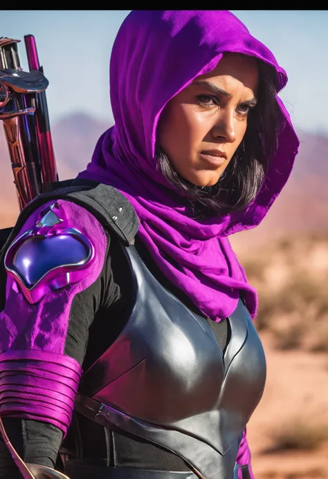 rita from power rangers, 1female, helmet, horns, hijab on face, transparent ninja mask, holding staff, 8k, ultra hd, 4k, photo accurate, cinematic, ambient occlusion, looking at viewer, green eyes, black hair, middle aged, purple armour, desert background,...