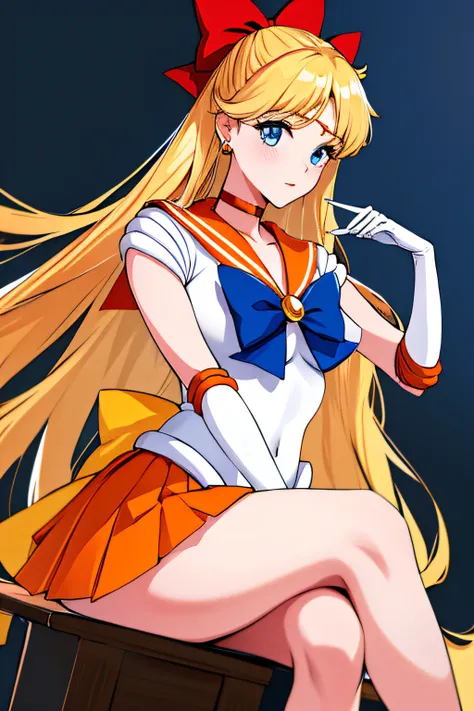 masterpiece, best quality, highres, venus1, 1girl, solo, sailor senshi uniform, sailor venus, aino minako, blonde hair, magical girl, blue eyes, orange skirt, elbow gloves, tiara, pleated skirt, hair bow, orange sailor collar, miniskirt, choker, red bow, o...