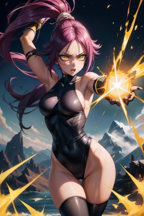 best quality, expressive eyes, perfect face, front view, shihouin yoruichi (Bleach), dark skin, ((black leotard)), arm gloves, stockings, yellow eyes, purple hair, long hair, ponytail, thighhighs, sky, mountains, striking aura of power, yellow electric aur...