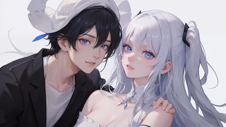 The white-haired, blue-eyed, young girl in a white shirt hugged the boy with black hair and blue-eyed eyes，Embrace the ultimate in light and shadow，k hd，and the sun was shining brightly，is shy，White skin