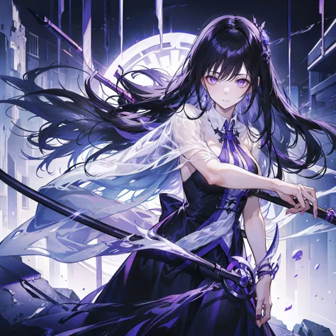 Woman with a scythe Big tits Beautiful Delicate High image quality Condescending Beautiful Black hair and purple eyes