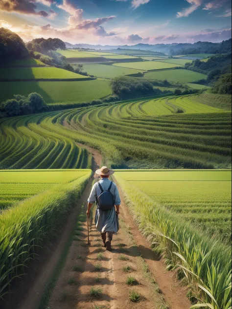 An old farmer carrying a flat burden, walking on the winding path of the countryside, big clouds, blue sky, rice fields, neat rice seedlings in the field, forest, hillside, secluded, countryside, HD detail, hyper-detail, cinematic, surrealism, soft light, ...