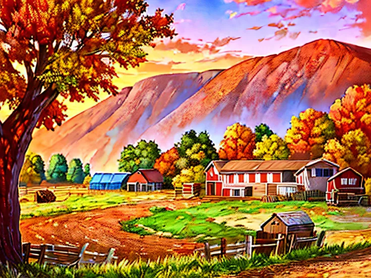 painting of a farm scene with a red truck and a red barn, rural splendor, high definition screenshot, darrell k sweet, autumn se...