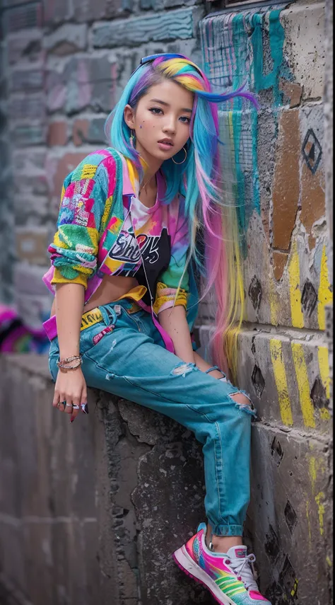 Aalfid woman，Colorful hair leaning against the wall, vivid vivid colors, multicolored clothing, Cut tattered T-shirts, vibrant color details, Vibrant and dynamic, bright vibrant colors, multicolored clothing, Intense and vivid colors, vivid vivid colors, V...