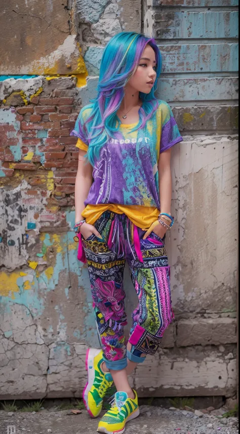 Aalfid woman，Colorful hair leaning against the wall, vivid vivid colors, multicolored clothing, Cut tattered T-shirts, vibrant color details, Vibrant and dynamic, bright vibrant colors, multicolored clothing, Intense and vivid colors, vivid vivid colors, V...